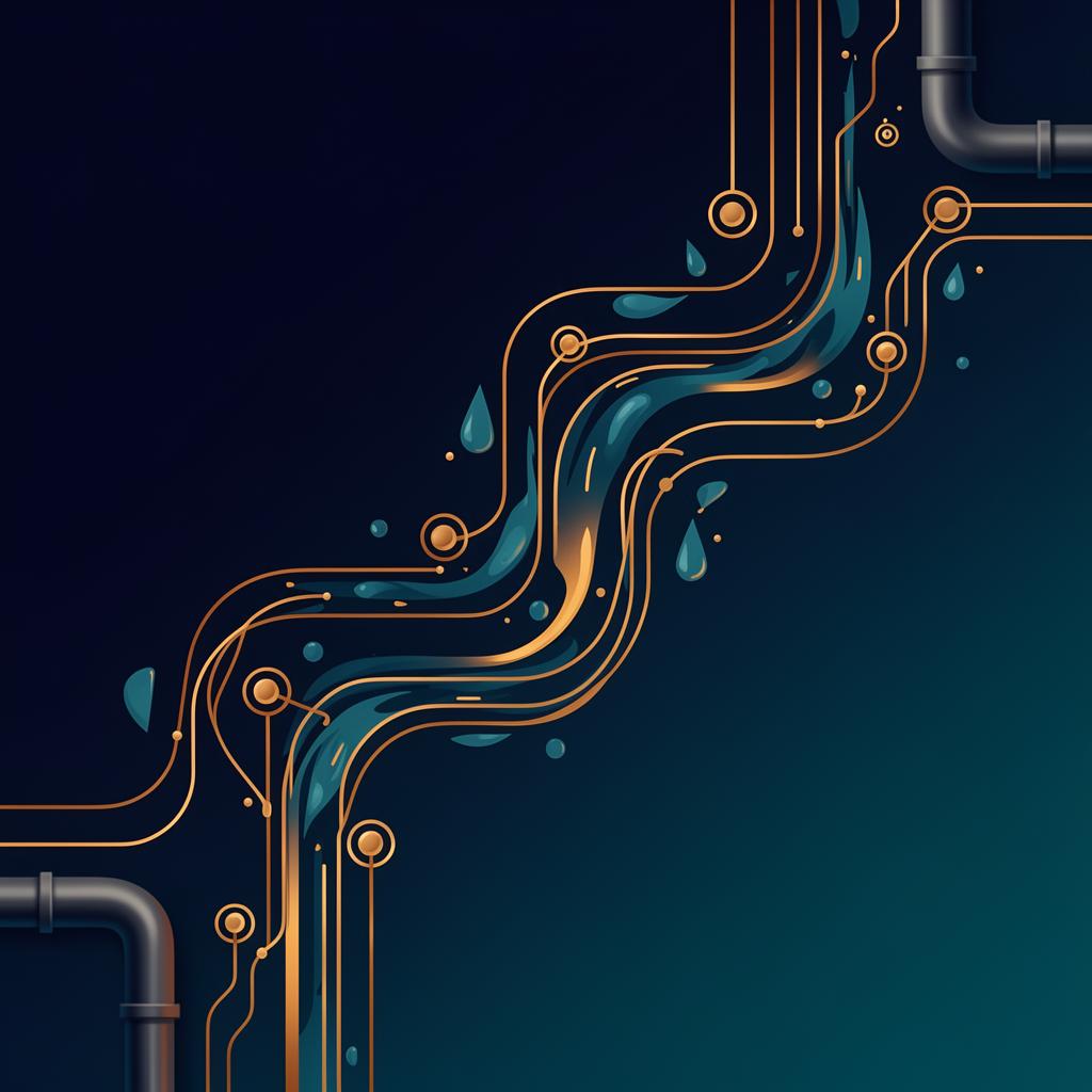 Abstract glowing water flow and pipe network in gold on deep navy field — AI Agents for Plumbers by OpenStar