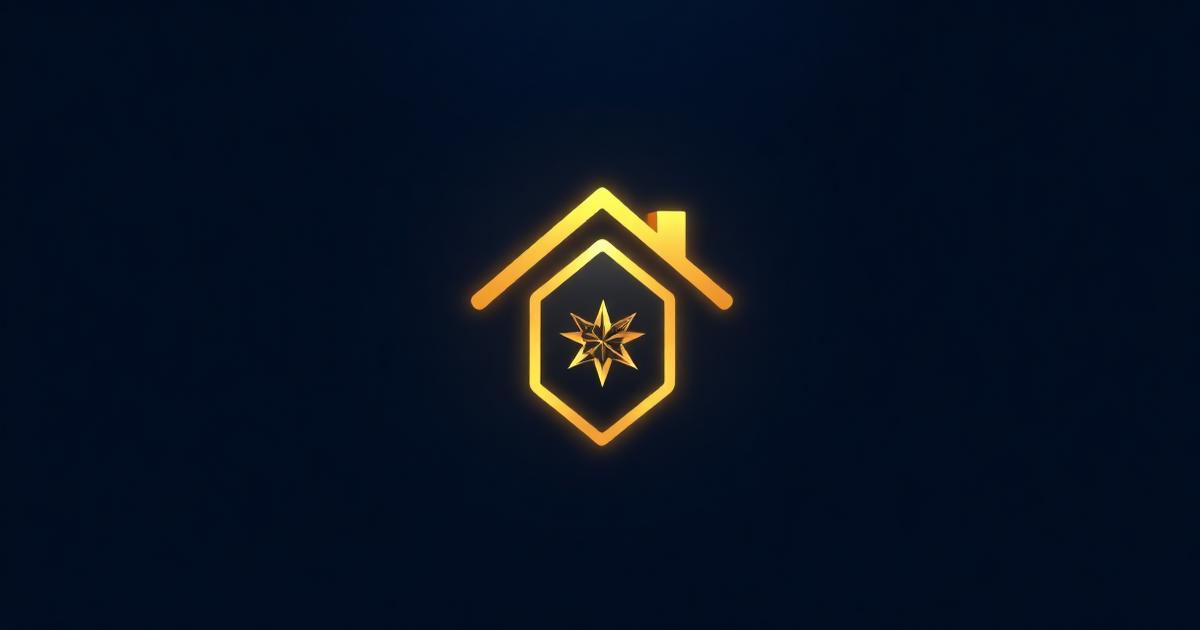 Abstract glowing roof and house shield emblem in gold on deep navy field — AI Agents for Roofing Companies by OpenStar