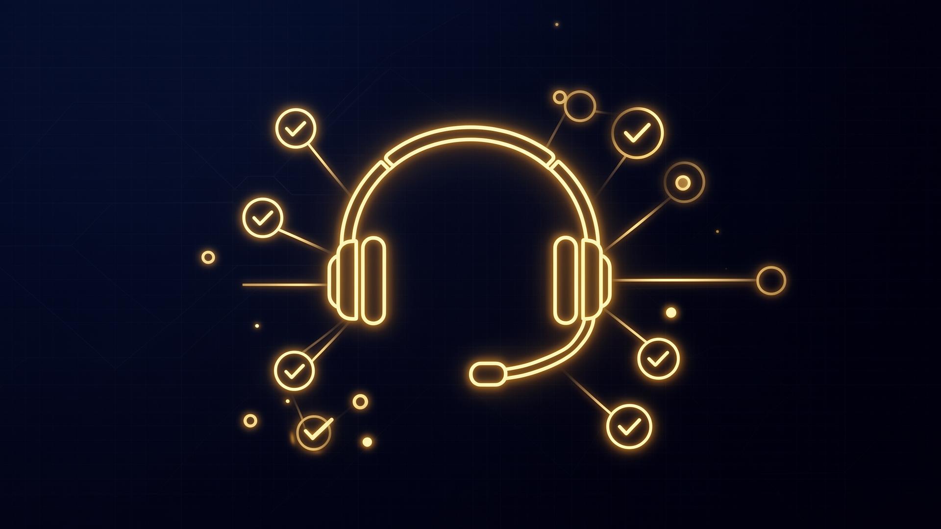 Abstract glowing customer service headset and support network icon in gold on deep navy field — AI Customer Support Agents by OpenStar