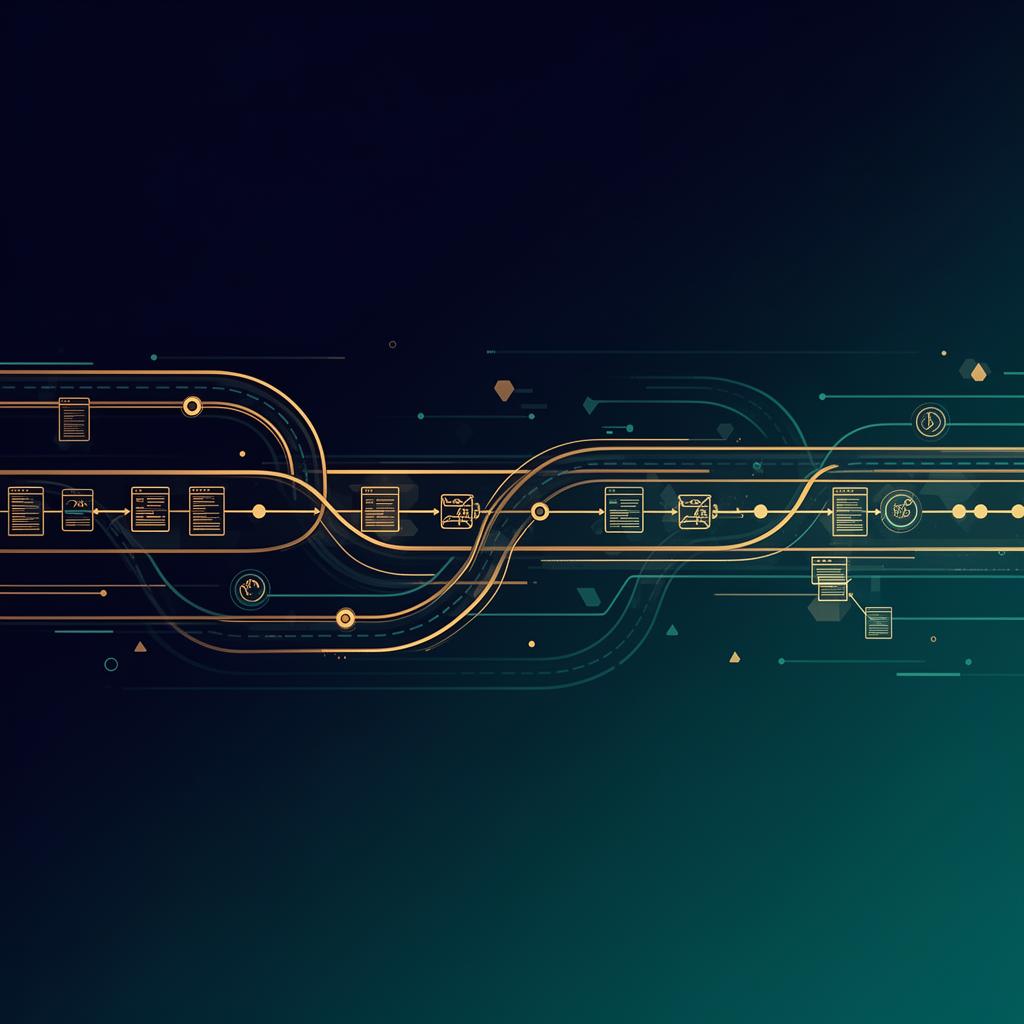 Abstract glowing CRM pipeline and organized workflow in gold on deep navy field — CRM Automation for Small Business by OpenStar